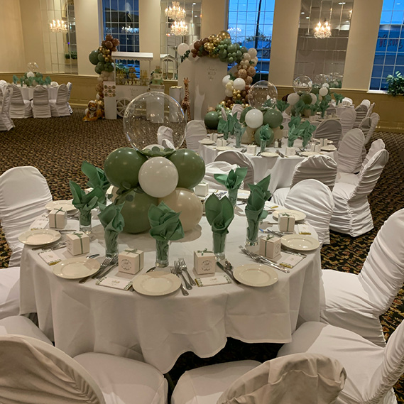 The King Room banquet hall decorated for a baby's birthday party